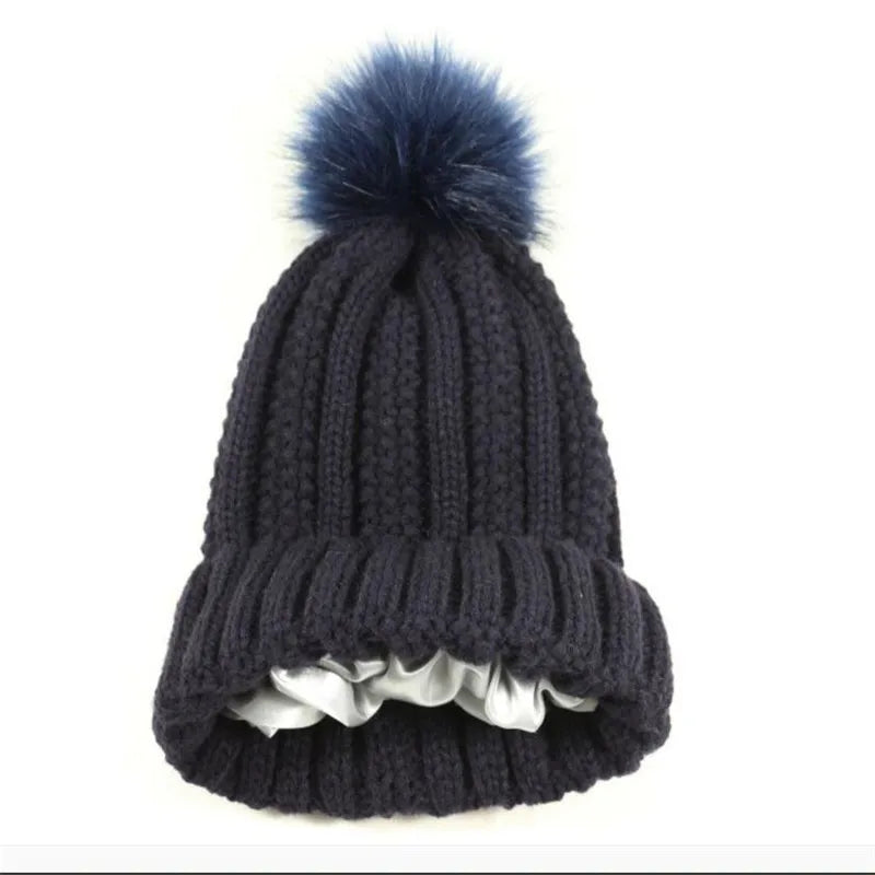 Satin Lined Knitted Bobble Hat