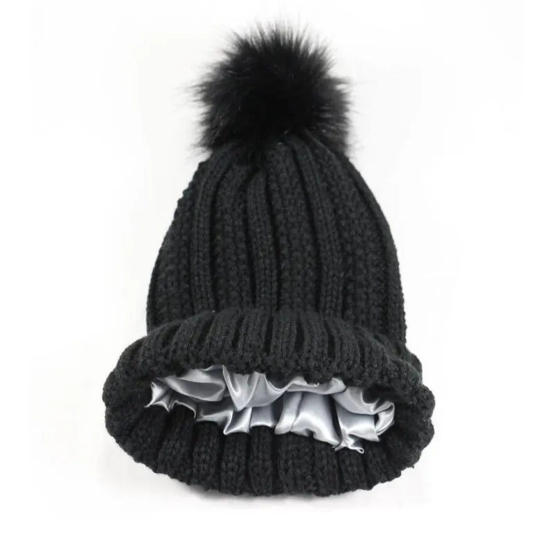 Satin Lined Knitted Bobble Hat