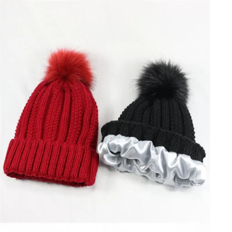 Satin Lined Knitted Bobble Hat